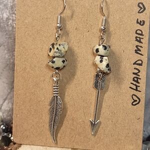 Dalmatian Jasper Arrow Feather Charm Artisan Earrings